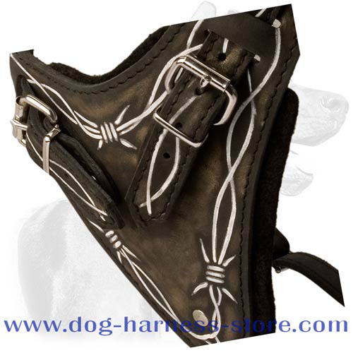 Solid Leather Handcrafted Dog Harness with Hand Set Pattern