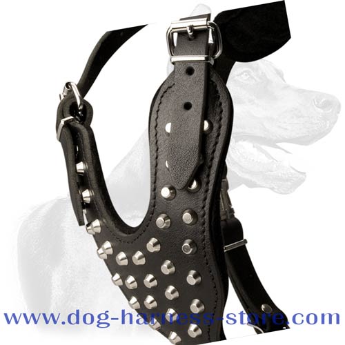 Durable Leather Dog Harness with Decorated and Felt Padded Y-shaped Chest Plate