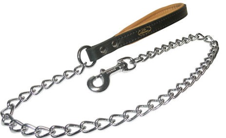 Quality dog leash with leather handle and Herm Sprenger chain and snap hook
