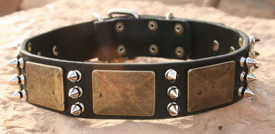 Dog Leather Dog Collar with Massive Bras Plates with 3 spikes